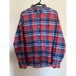 Nautica Classic Fit Red Blue Checkered Men’s Button Shirt Size Large‎